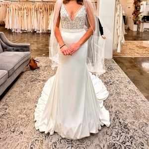 Crepe Fit and Flare NEVER WORN Wedding Dress with Beaded V-Neck - STYLE 88074SD2